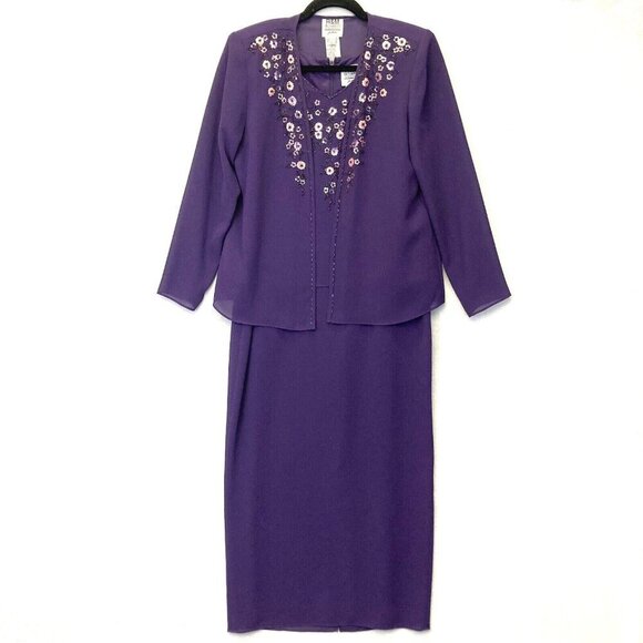R&M Richards Beaded Chiffon Evening Dress Jacket Set 6P Purple Formal Floral - Picture 1 of 16